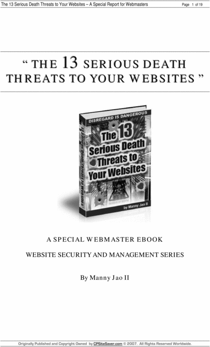 Product picture THE 13 SERIOUS DEATH THREATS TO YOUR WEBSITES